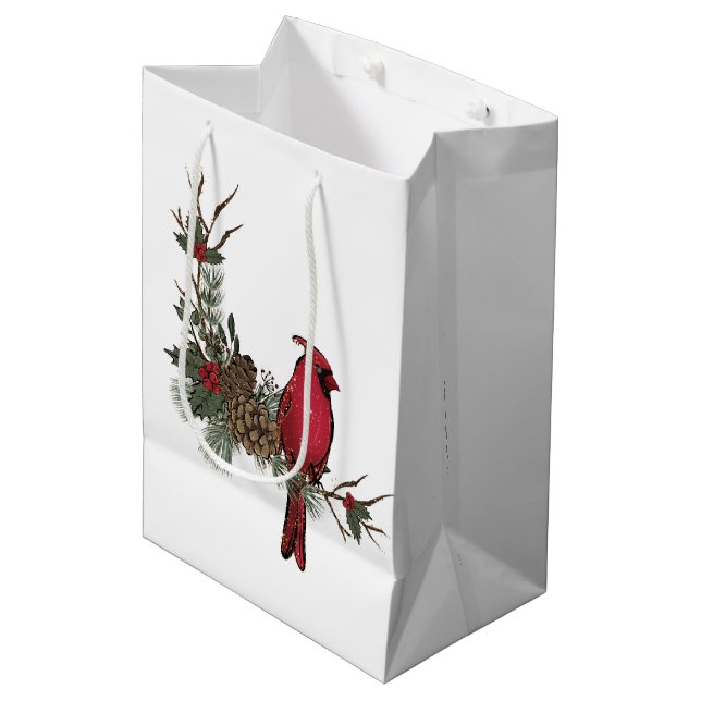 Sac Cadeau Moyen Beau Cardinal Rouge En Fête Noël (Devant Angle)