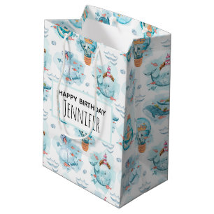 Sac Cadeau Moyen Beaux Baleines nautiques Aquarelle Motif Anniversa