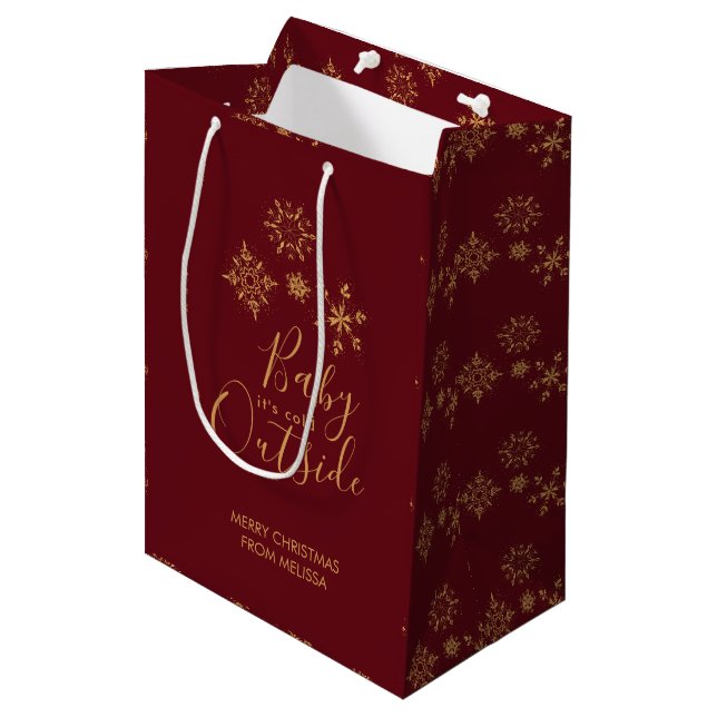 Sac Cadeau Moyen Bébé c'est froid dehors Golden Snowflakes (Devant Angle)