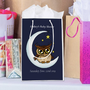 Sac Cadeau Moyen Bébé Hibou Mignon Lune Étoiles Bleu Douche