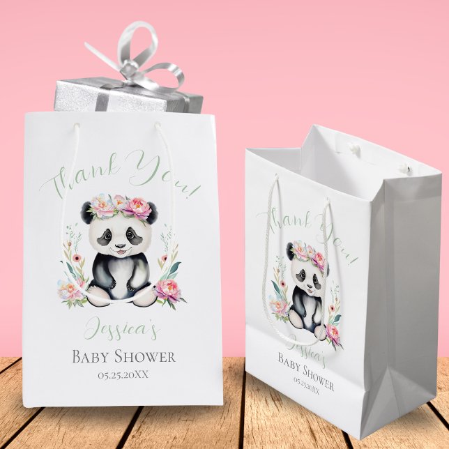 Sac Cadeau Moyen Bébé Panda Peonies Jungle Baby shower Merci (Adorable gratitude in a bag, for memories that last forever.)
