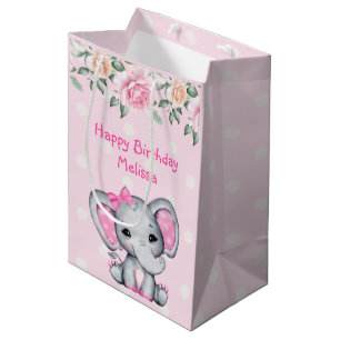Sac Cadeau Moyen Bébé rose mignon éléphant et frontière Rose