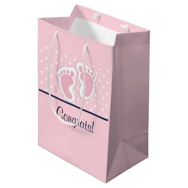 Sac Cadeau Moyen Bébé rose mignonne Empreintes Félicitations (Devant Angle)