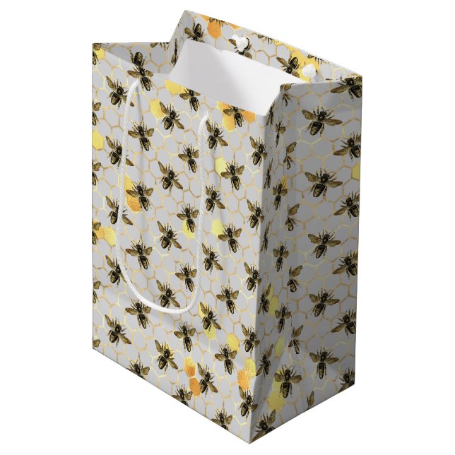 Sac Cadeau Moyen Bees Gold Honeycomb (Devant Angle)