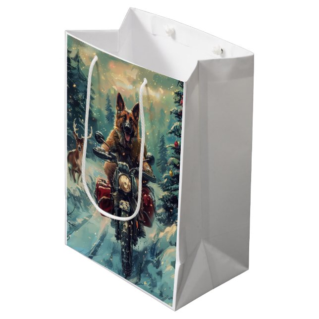 Sac Cadeau Moyen Berger belge Chien à cheval Moto Noël (Devant Angle)