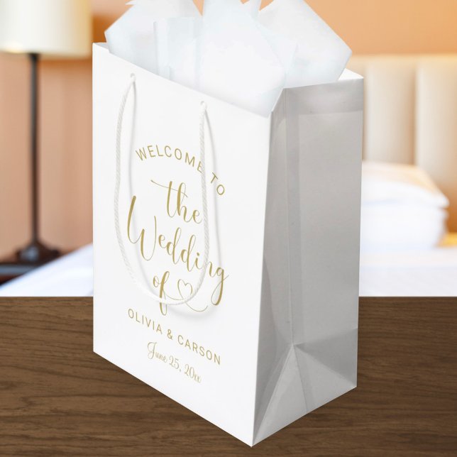 Sac Cadeau Moyen Bienvenue au mariage en écriture cœur doré moderne (Créateur téléchargé)