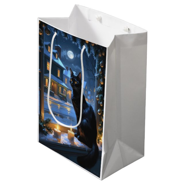 Sac Cadeau Moyen Black Cat With Christmas Lights Holiday (Devant Angle)