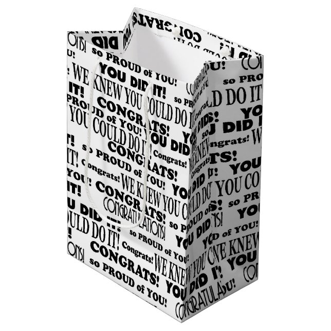 Sac Cadeau Moyen Black Félicitations Motif de texte en blanc (Devant Angle)