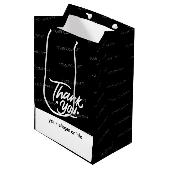 Sac Cadeau Moyen Black | Nom personnalisé Merci d'entreprise (Devant Angle)