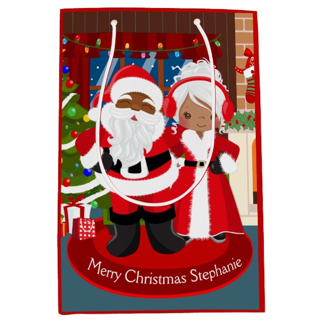 Sac Cadeau Moyen Black Père Noël et Mme Claus (Devant)