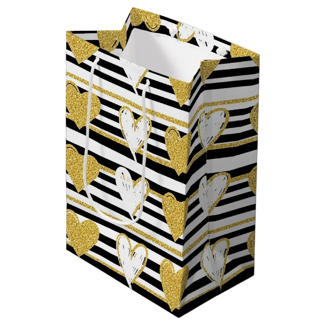 Sac Cadeau Moyen Black Stripe Gold Heart Glam Pattern (1) (Devant Angle)