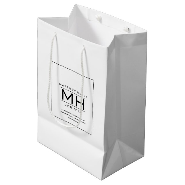 Sac Cadeau Moyen Blanc Moderne & Noir Professionnel des Entreprises (Devant Angle)