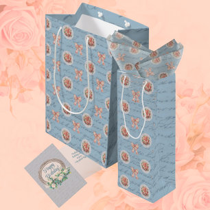 Sac Cadeau Moyen Bleu Antique Lettres Toile Bows Roses Rose