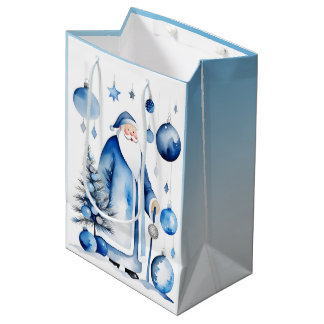 Sac Cadeau Moyen Bleu, Argent et Blanc Japandi Père Noël