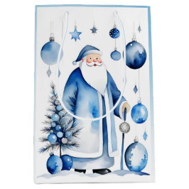 Sac Cadeau Moyen Bleu, Argent et Blanc Japandi Père Noël