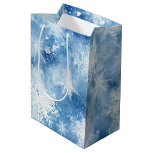 Sac Cadeau Moyen Bleu avec flocons de neige Style aquarelle