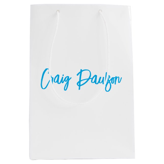 Sac Cadeau Moyen Bleu Blanc Votre Nom Calligraphie Unique Minimalis (Devant)