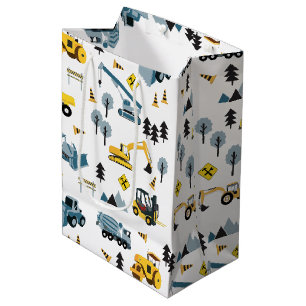 Sac Cadeau Moyen Bleu Camions de construction et Motif à thème du s