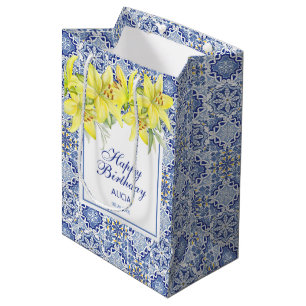 Sac Cadeau Moyen Bleu Chic Portugais Azulejo Lily Jaune