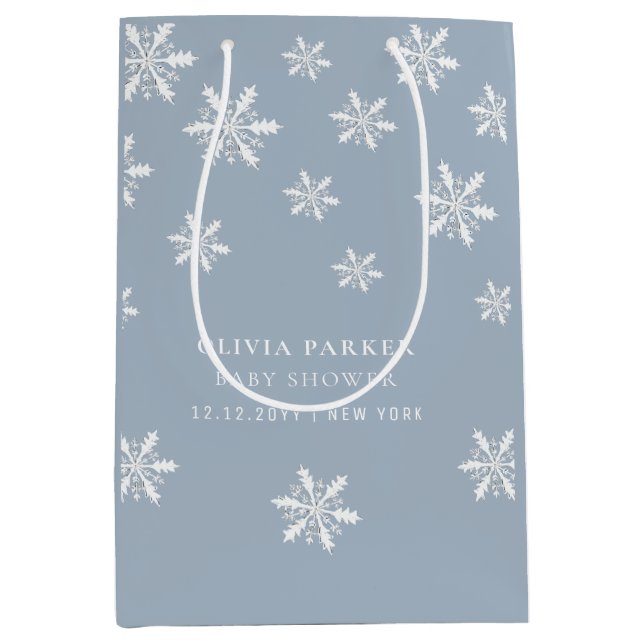 Sac Cadeau Moyen Bleu clair Boho Hiver Snowflake Baby shower (Devant)