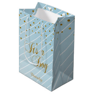 Sac Cadeau Moyen Bleu de bébé et confettis doux d'or