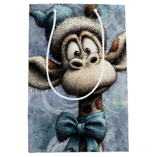Sac Cadeau Moyen Bleu d'hiver Noël Girafe Mignon Avec Chapeau