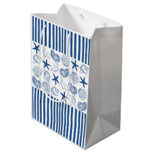 Sac Cadeau Moyen Bleu et blanc Bandes et coquilles marines