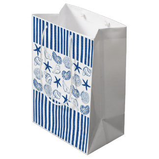 Sac Cadeau Moyen Bleu et blanc Bandes et coquilles marines