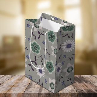 Sac Cadeau Moyen Bleu gris et vert Fleur sauvage moderne Botanique
