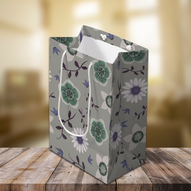 Sac Cadeau Moyen Bleu gris et vert Fleur sauvage moderne Botanique (Créateur téléchargé)