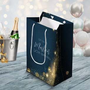 Sac Cadeau Moyen Bleu minuit pailleté or
