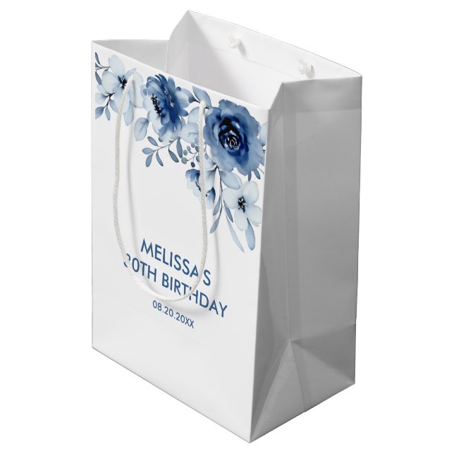 Sac Cadeau Moyen Bleu moderne Rose verdure fleurie Anniversaire (Dos Angle)
