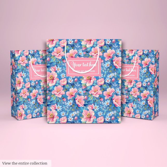 Sac Cadeau Moyen Bleu pastel chic et rose pâle preppal floral (Chic pastel blue and blush pink preppy floral Medium Gift Bag)