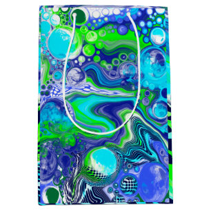 Sac Cadeau Moyen Bleu vert Marbre tourbillons Anniversaire ou baby