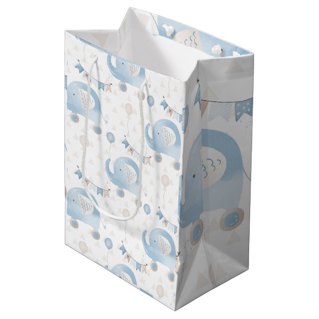 Sac Cadeau Moyen Blue ivoire Eléphants Ballons Baby Boy Cadeau (Devant Angle)