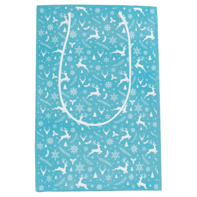 Sac Cadeau Moyen Blue Reindeer Motif Joyeux Noël Snowflakes (Devant)
