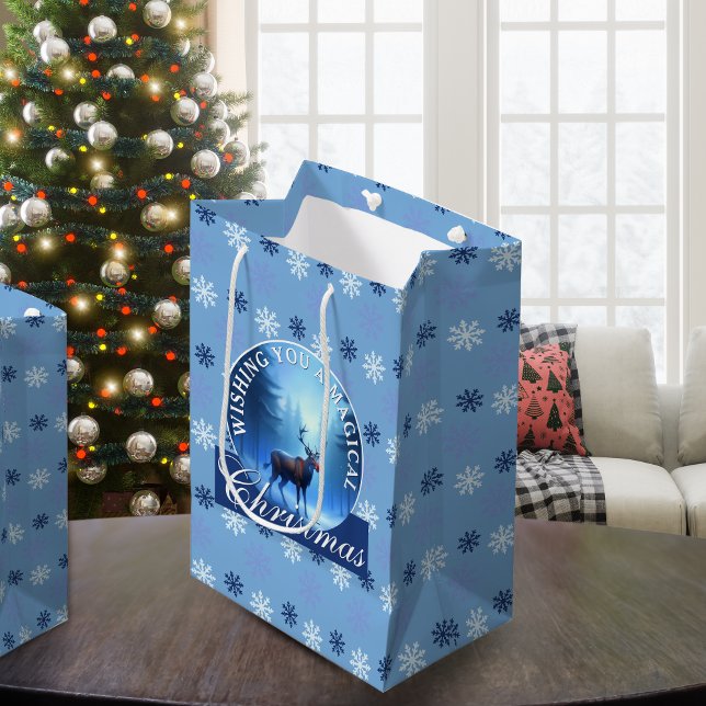 Sac Cadeau Moyen Blue Reindeer Snowflakes Christmas (Créateur téléchargé)