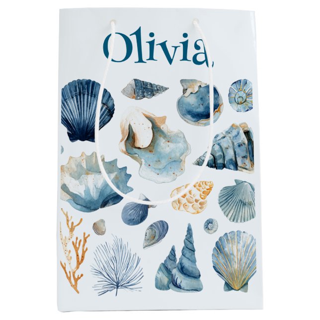 Sac Cadeau Moyen Blue Seashell Gift Bag | Custom Name (Devant)