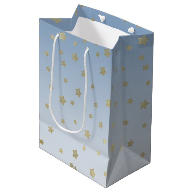 Sac Cadeau Moyen Blue White Gold Stars Anniversaire (Devant Angle)