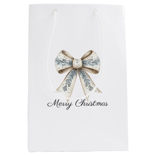 Sac Cadeau Moyen Blue White Nordic Cream Bow Christmas (Devant)