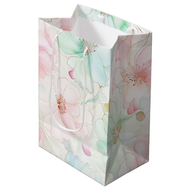 Sac Cadeau Moyen Blush Pink Mint Flowers Birthday (Devant Angle)