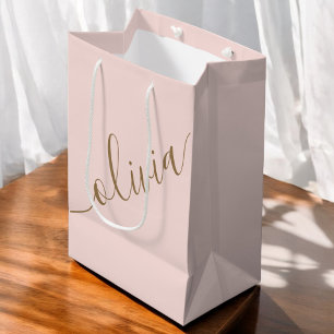 Sac Cadeau Moyen Blush Rose Or Monogramme Minimaliste Élégant