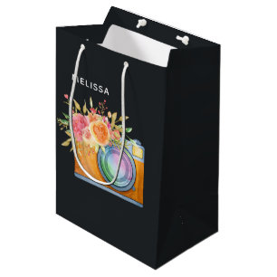 Sac Cadeau Moyen Boho Orange Caméra & Bouquet Floral Aquarelle