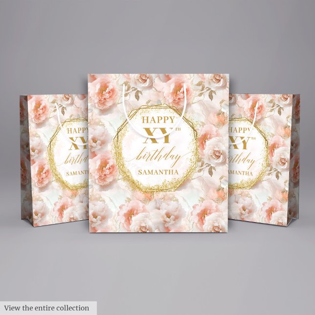 Sac Cadeau Moyen Boho rose clair étincelant 70e anniversaire (Sparkling Light Pink Boho Gold 70th Birthday Medium Gift Bag)