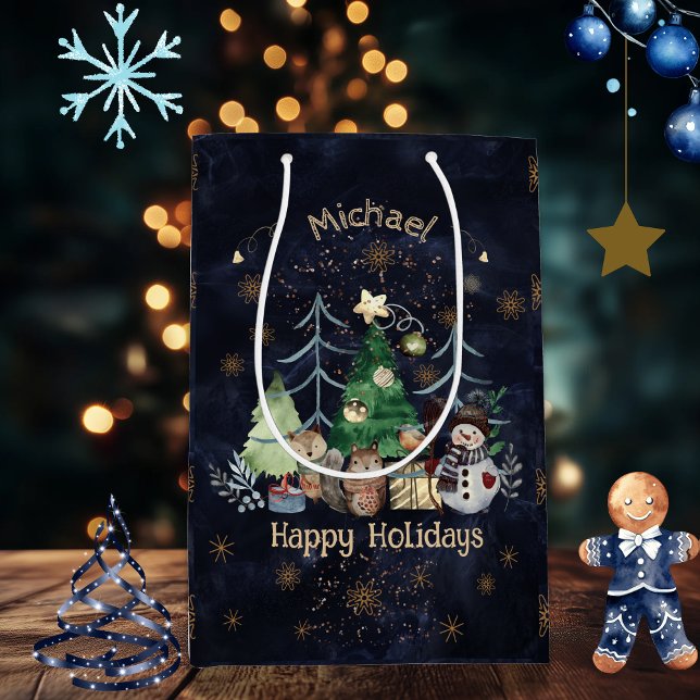 Sac Cadeau Moyen Bois Animaux de Noël Marine Bleu (Woodland Animals Christmas Blue Medium Gift Bag)
