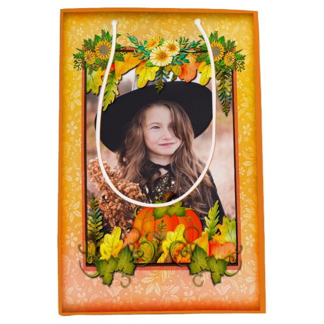 Sac Cadeau Moyen Bon thanksgiving Citrouille Feuille Automne (Devant)