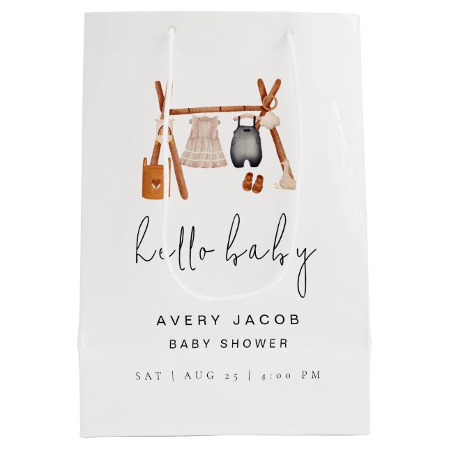 Sac Cadeau Moyen Bonjour bébé | Baby shower Vêtements Boho mignons (Dos)
