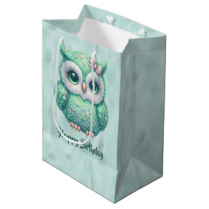 Sac Cadeau Moyen Bonne Chouette verte d'anniversaire sur vert