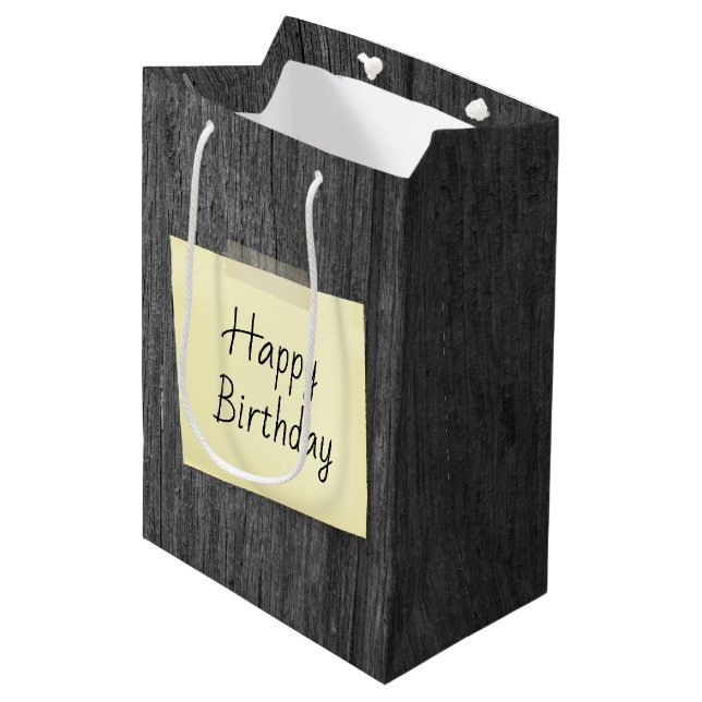 Sac Cadeau Moyen Bonne note d'anniversaire sur le bois gris (Devant Angle)