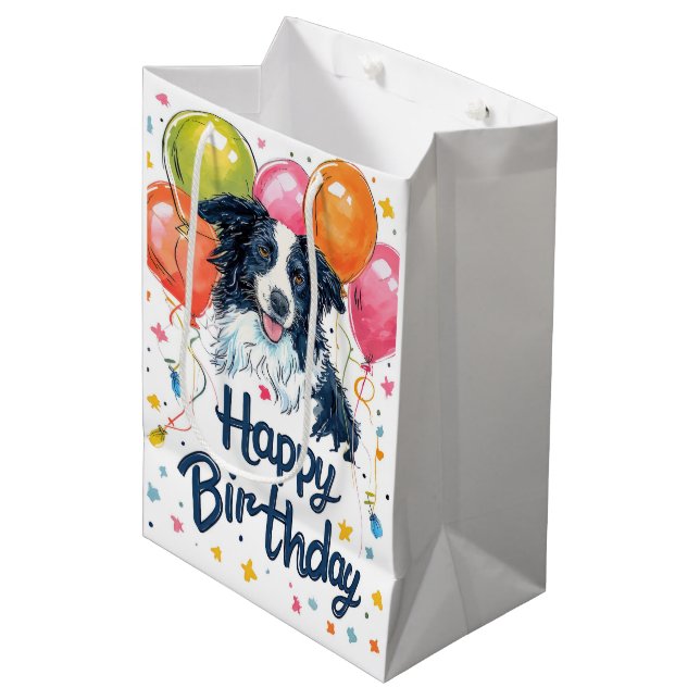 Sac Cadeau Moyen Bordure Collie avec ballons (Devant Angle)